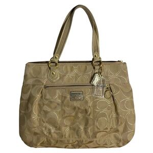 Coach Poppy Glam Tote Handbag Signature C Logo Jacquard Leather Trim